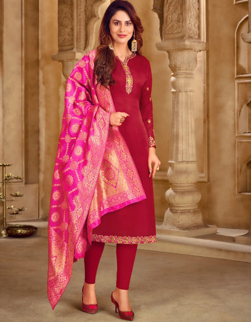 Maroon Satin Georgette Chudidar Salwar Suits