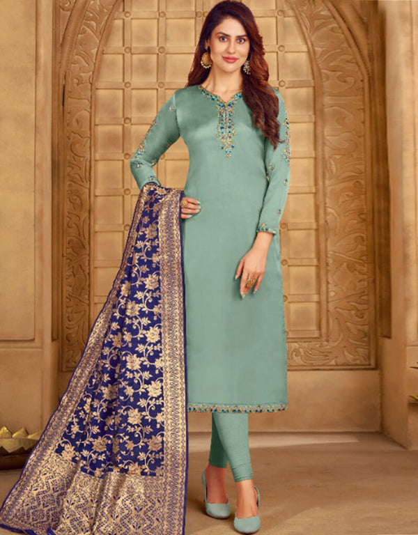Light Mint Blue Satin Georgette Chudidar Salwar Suits