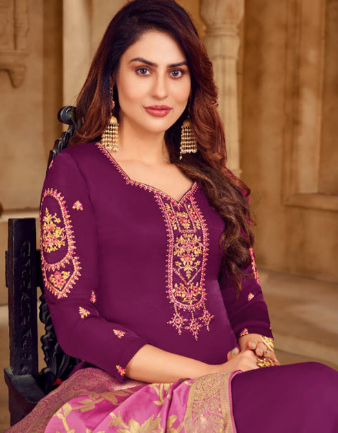 Wine Satin Georgette Chudidar Salwar Suits Closure View