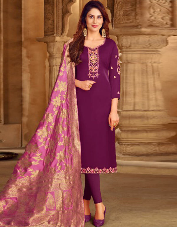 Wine Satin Georgette Chudidar Salwar Suits