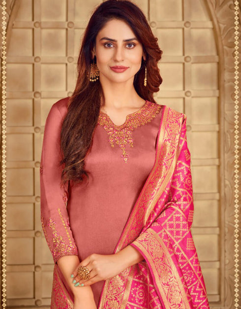 Peach Pink Satin Georgette Chudidar Salwar Suits Closure View