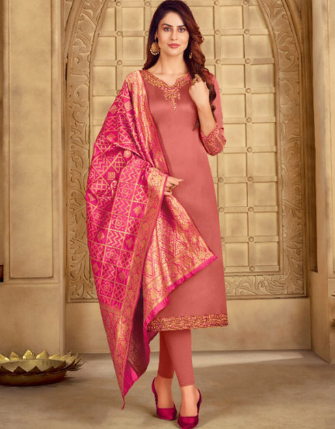 Peach Pink Satin Georgette Chudidar Salwar Suits