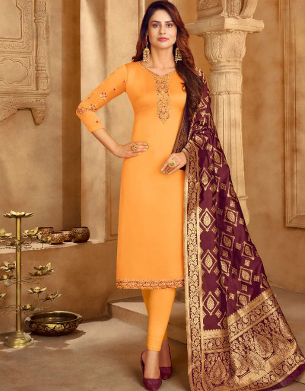 Mustard Satin Georgette Chudidar Salwar Suits