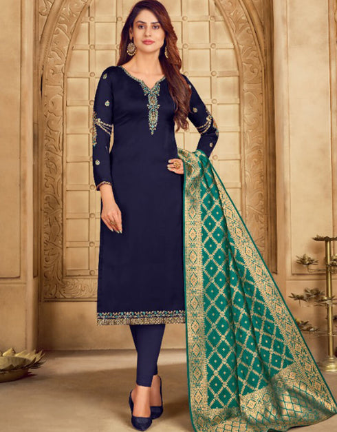 Navy Blue Satin Georgette Chudidar Salwar Suits