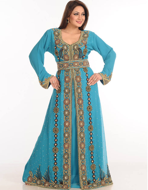 Muslim Yellow Georgette Hand Zari Embroidery Kaftan