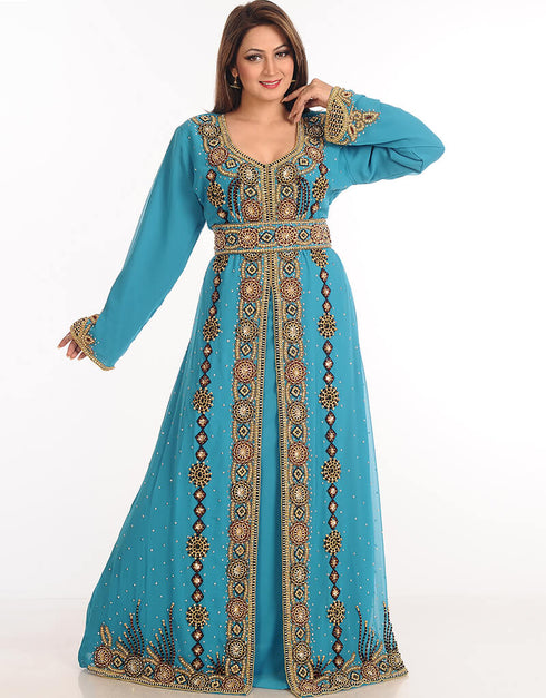 Muslim Firozi Blue Georgette Hand Embroidery Party Wear Kaftan