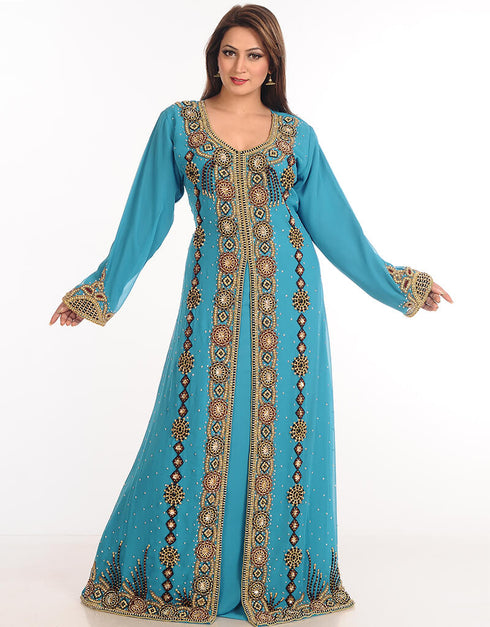 Muslim Firozi Blue Georgette Hand Embroidery Party Wear Kaftan