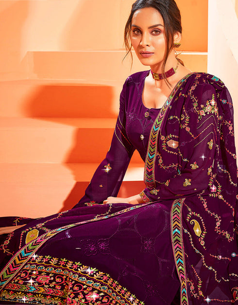 Purple Georgette Palazzo Salwar Suits Closure View