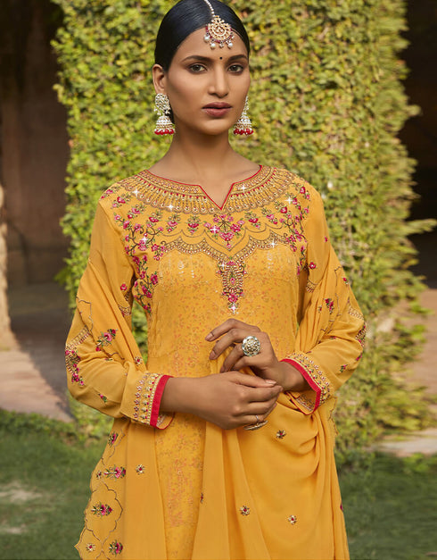 Yellow Georgette Palazzo Salwar Suits Closure View