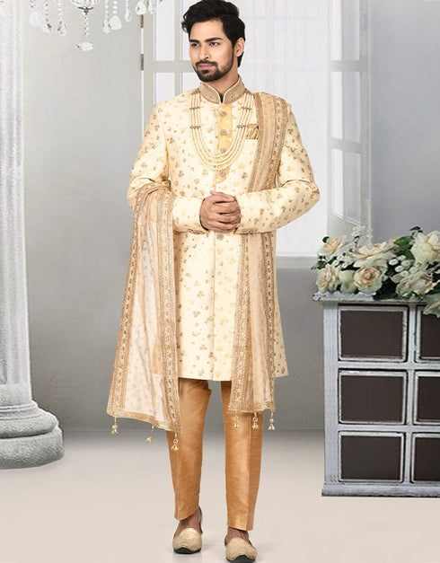Cream Kurta Jacquard Churidar