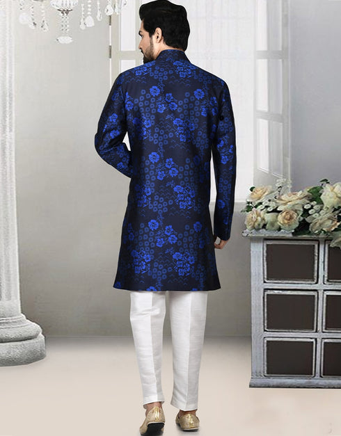 Navy Blue Kurta Jacquard Churidar Closure View