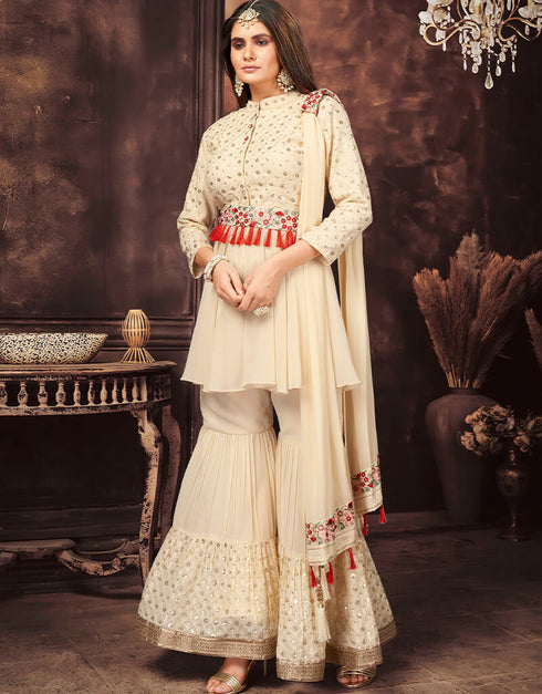Beige Georgette Sharara Suit Closure View