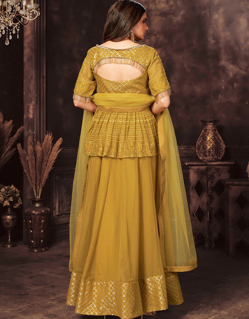 Yellow Georgette Lehenga Suit Back View