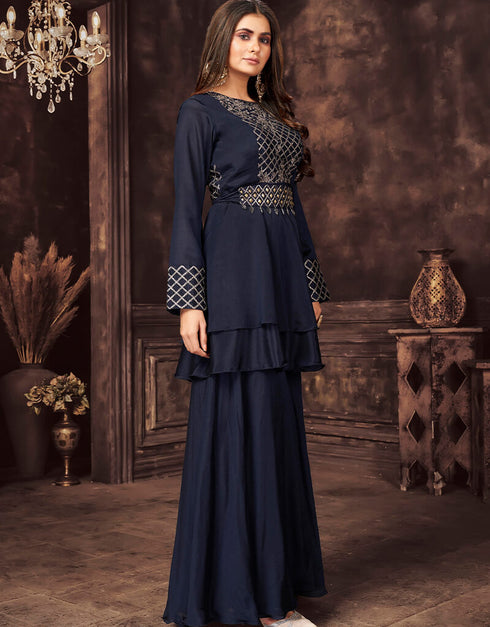 Blue Chinon Sharara Suit Closure View
