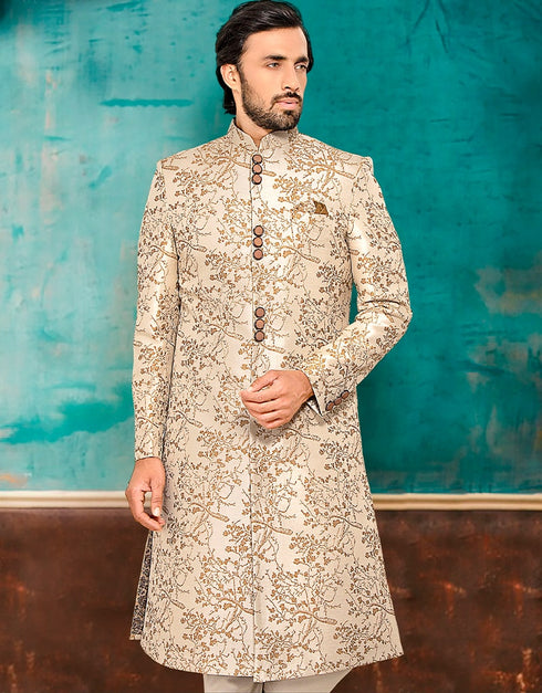 Beige Kurta Brocade Chudidar Closure View