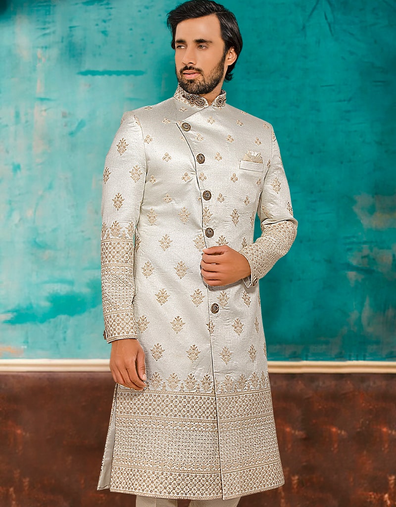 Off White Kurta Brocade Churidar main image 0