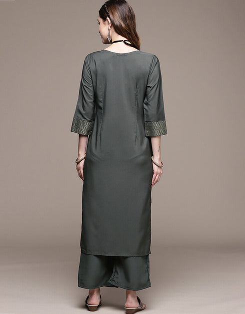 Green Crepe Palazzo Straight Back View
