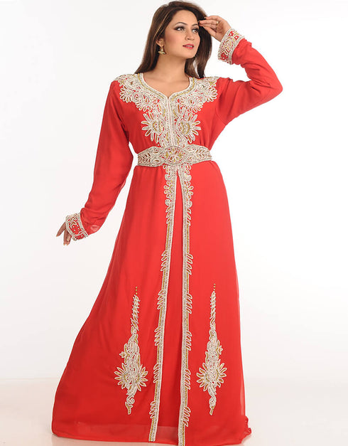 Modest Red Georgette Hand Embroidery Party Wear Kaftan