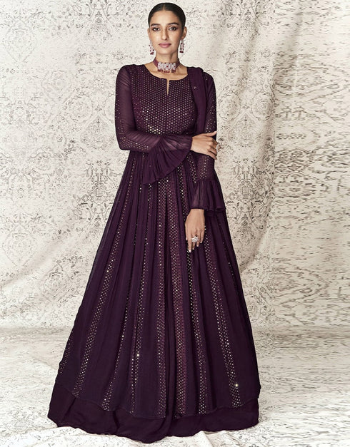 Dark Purple Anarkali style Anarkali Faux Georgette Salwar Kameez in Embroidery, Sequins & Lace Work