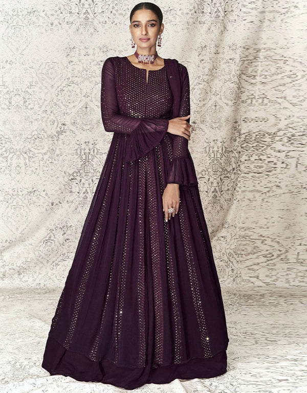 Dark Purple Anarkali style Anarkali Faux Georgette Salwar Kameez in Embroidery, Sequins & Lace Work
