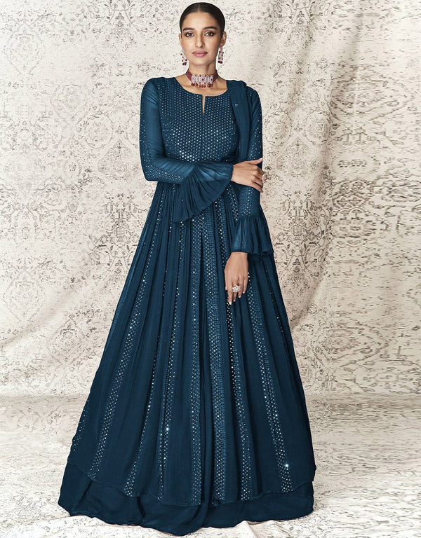 Dark Teal Anarkali style Anarkali Faux Georgette Salwar Kameez in Embroidery, Sequins & Lace Work