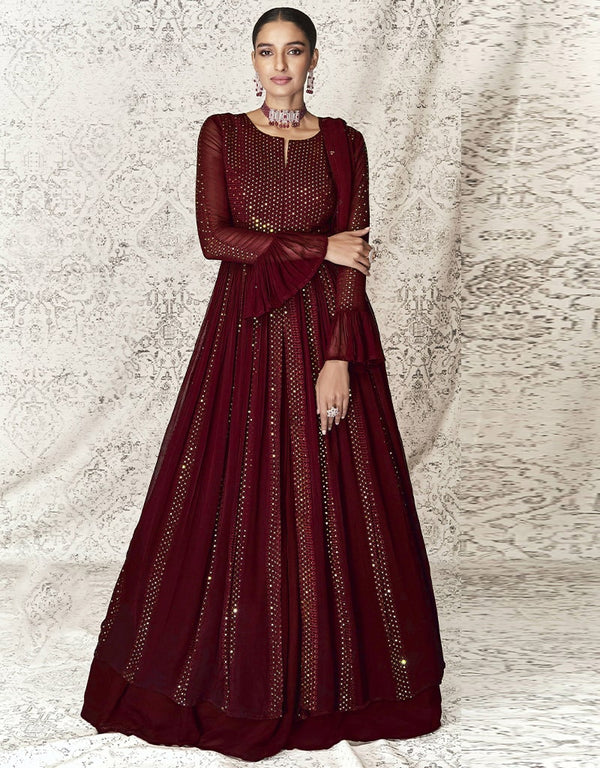 Dark Maroon Anarkali style Anarkali Faux Georgette Salwar Kameez in Embroidery, Sequins & Lace Work