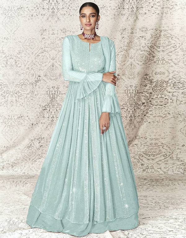 Light Pink Anarkali style Anarkali Faux Georgette Salwar Kameez in Embroidery, Sequins & Lace Work