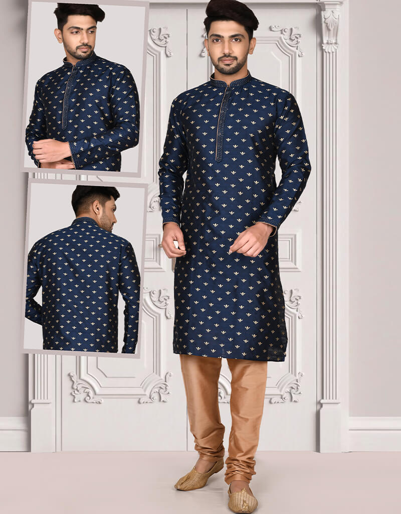 Navy Blue Kurta Imported Brocade Jacquard Aligadhi Pant main image 1