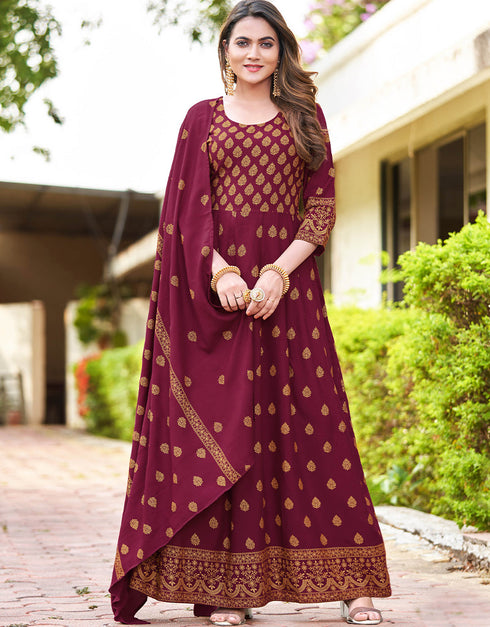 Burgundy Heavy 14 Kg Rayon Anarkali Suit