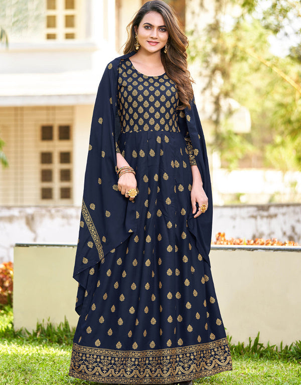 Navy Blue Heavy 14 Kg Rayon Anarkali Suit