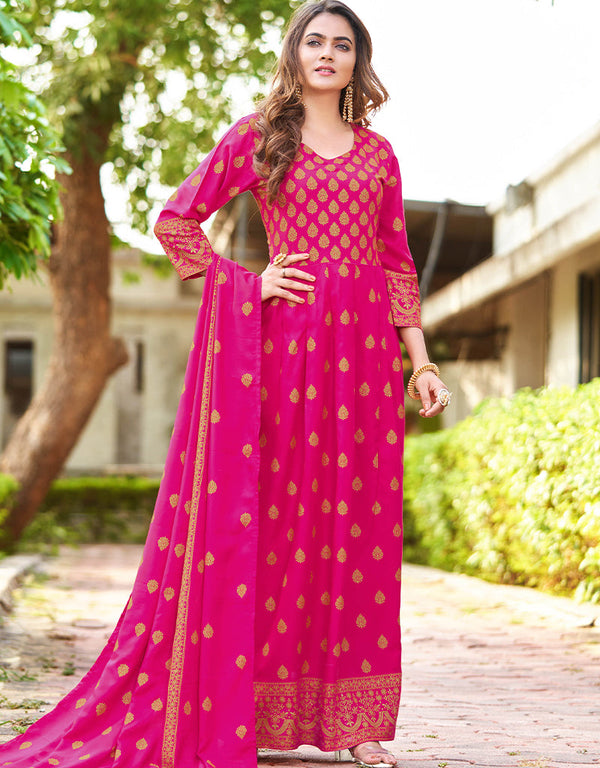 Rani Pink Heavy 14 Kg Rayon Anarkali Suit