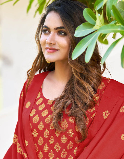Red Heavy 14 Kg Rayon Anarkali Suit Closure View