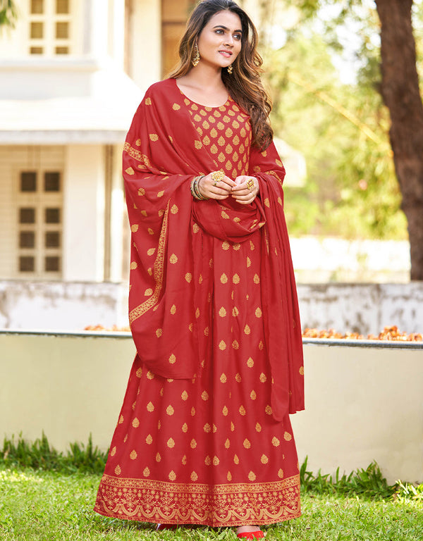 Red Heavy 14 Kg Rayon Anarkali Suit