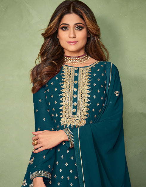Teal Real Georgette Anarkali Suit Closure View