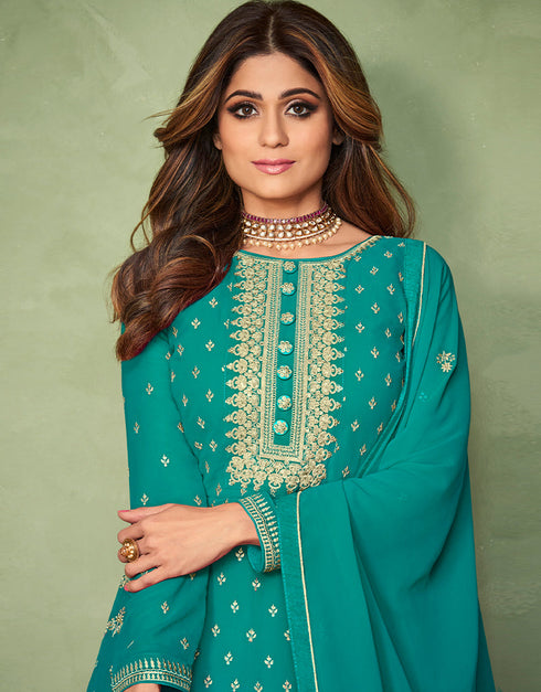 Sky Blue Real Georgette Anarkali Suit Closure View