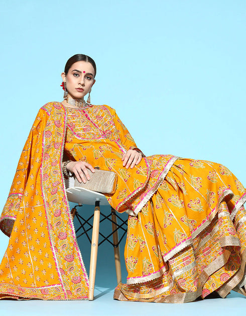 Mustard Cotton Blend Sharara Suit Closure View