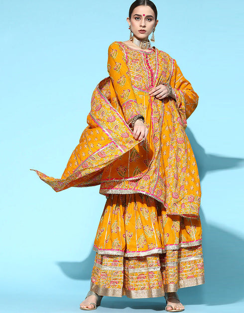 Mustard Cotton Blend Sharara Suit