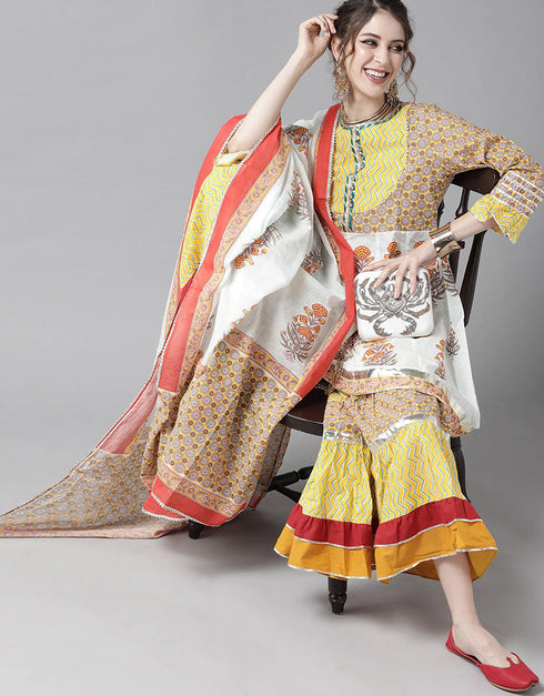 Yellow Pure Cotton Sharara Suit Closure View