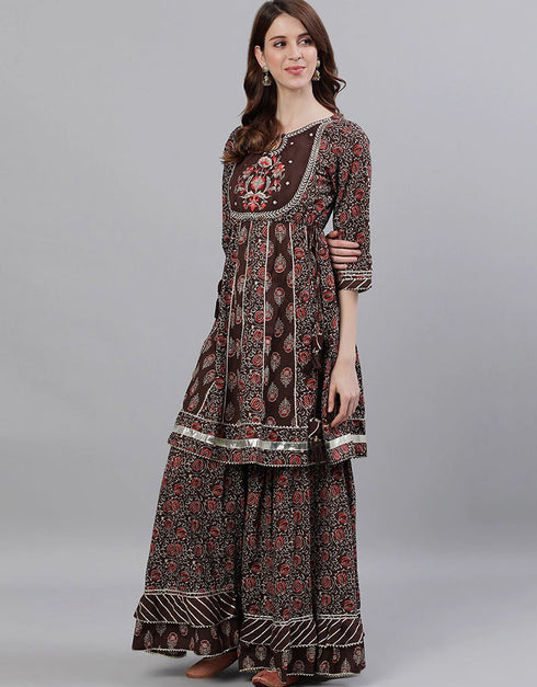 Brown Pure Cotton Sharara Suit Closure View
