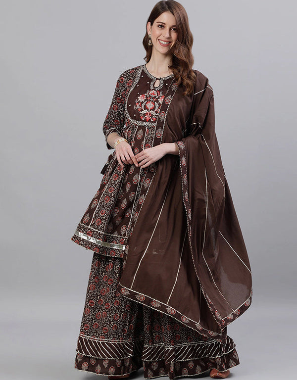 Brown Pure Cotton Sharara Suit