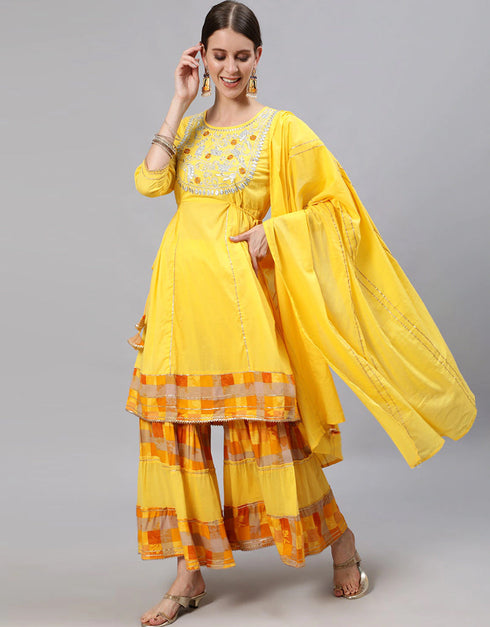 Yellow Pure Cotton Sharara Suit Closure View