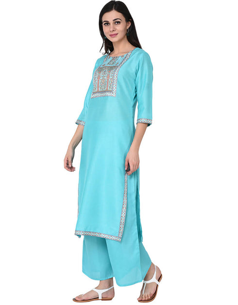 Sky Blue Poly Silk Palazzo Suit Closure View