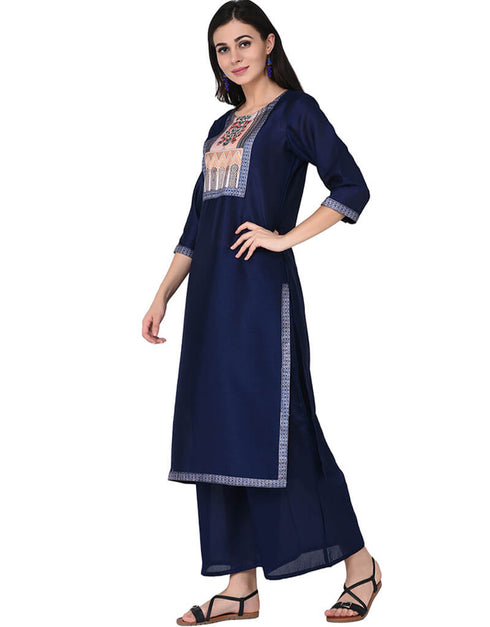 Navy Blue Poly Silk Palazzo Suit Closure View