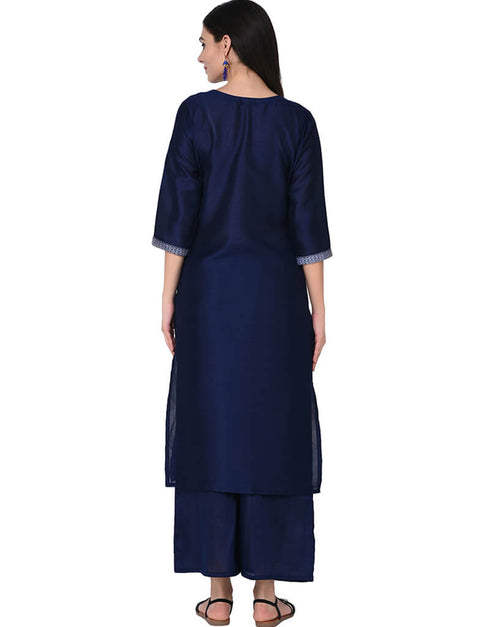 Navy Blue Poly Silk Palazzo Suit Back View