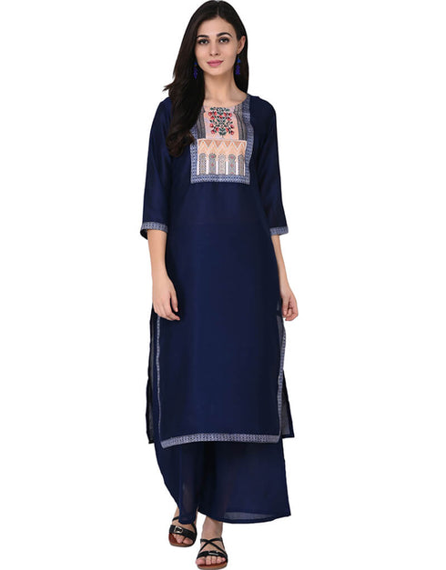 Navy Blue Poly Silk Palazzo Suit
