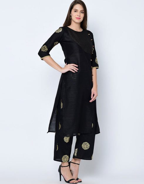 Black Poly Silk Palazzo Suit Closure View