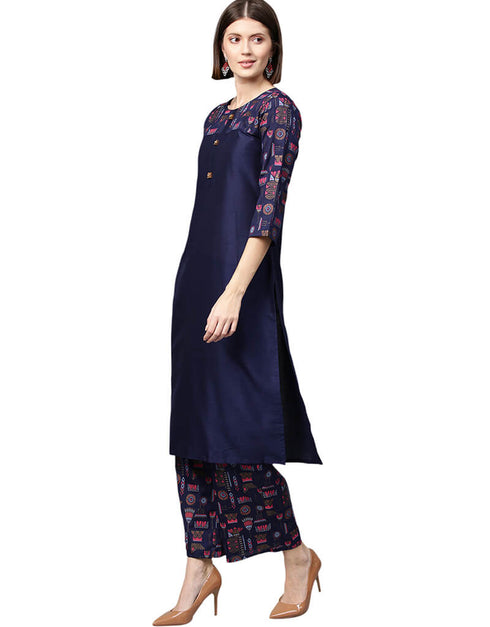 Blue Poly Silk Palazzo Suit Closure View