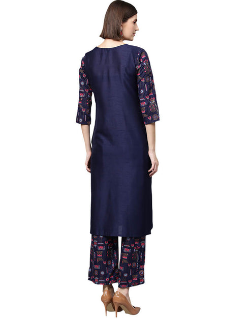 Blue Poly Silk Palazzo Suit Back View