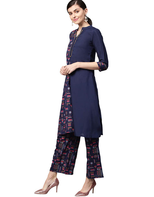 Blue Poly Silk Palazzo Suit Closure View