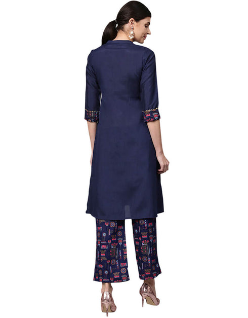 Blue Poly Silk Palazzo Suit Back View